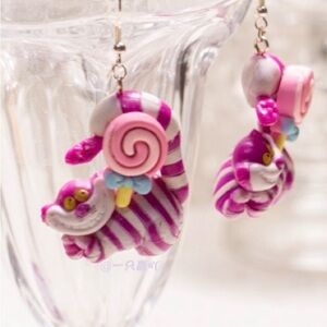 Handmade Pink Striped Cheshire Cat Drop Earrings with Lollipop Accent